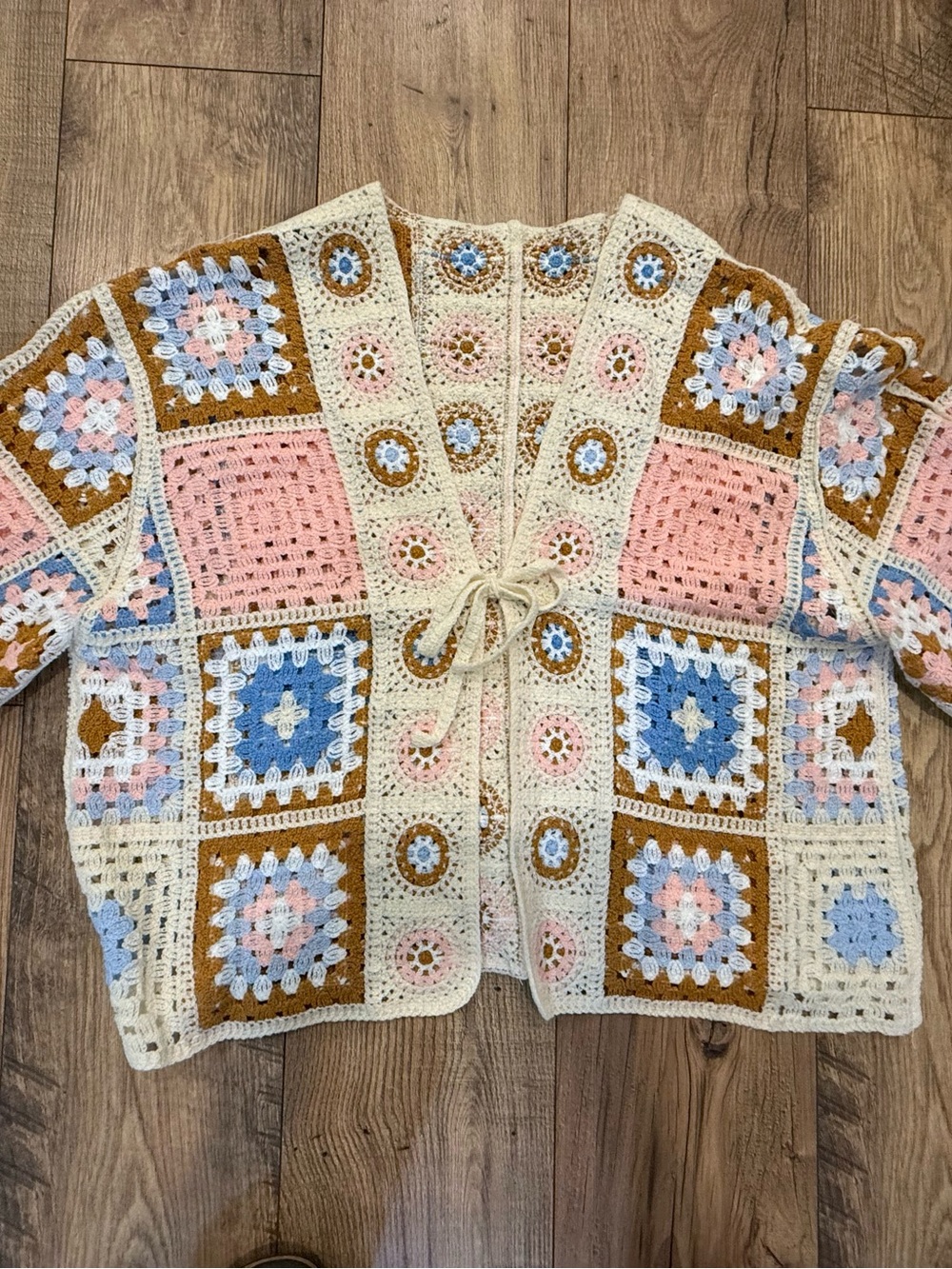 Crochet Patchwork Cardigan Sweater - Cream, Pink & Blue new W/o tags